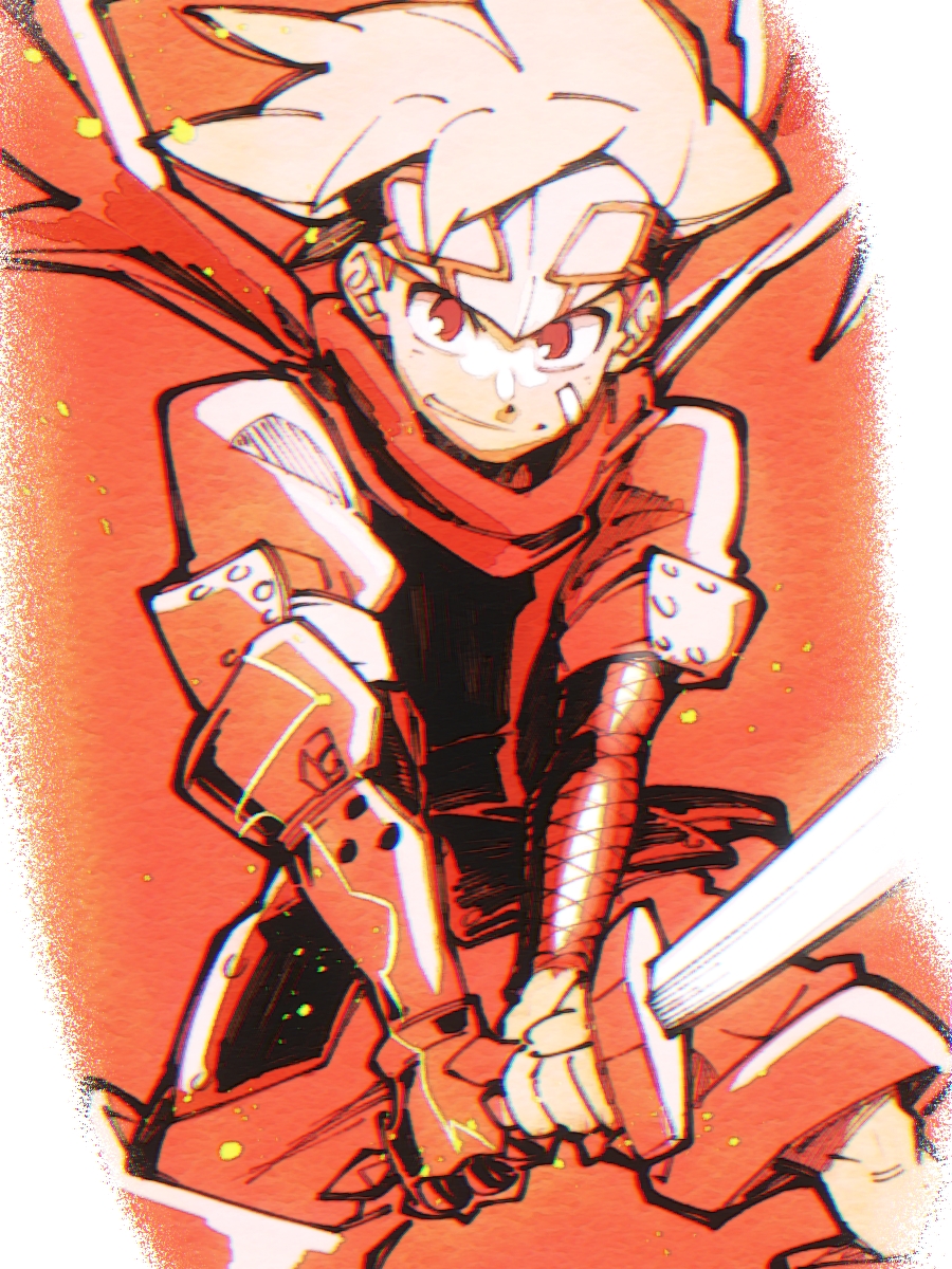 1boy arm_guards bandaid bandaid_on_cheek bandaid_on_face bokura_no_taiyou django_(boktai) headband highres holding holding_sword holding_weapon light_particles limited_palette male_focus red_eyes red_scarf scarf simple_background smile solo spiked_hair sword takeuchi_(a3) weapon white_hair
