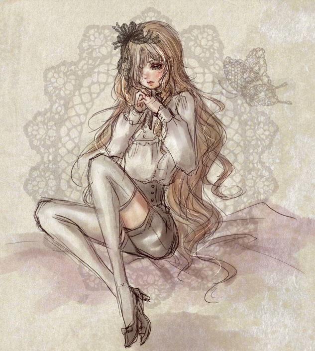 1boy bad_id bad_pixiv_id blonde_hair bug butterfly corset doily hair_over_one_eye hair_ribbon high_heels insect juliet_sleeves lace long_hair long_sleeves maraich_juschenfe patalliro! puffy_long_sleeves puffy_sleeves ribbon sacco sepia shoes short_shorts shorts sitting thighhighs trap very_long_hair white_thighhighs zettai_ryouiki