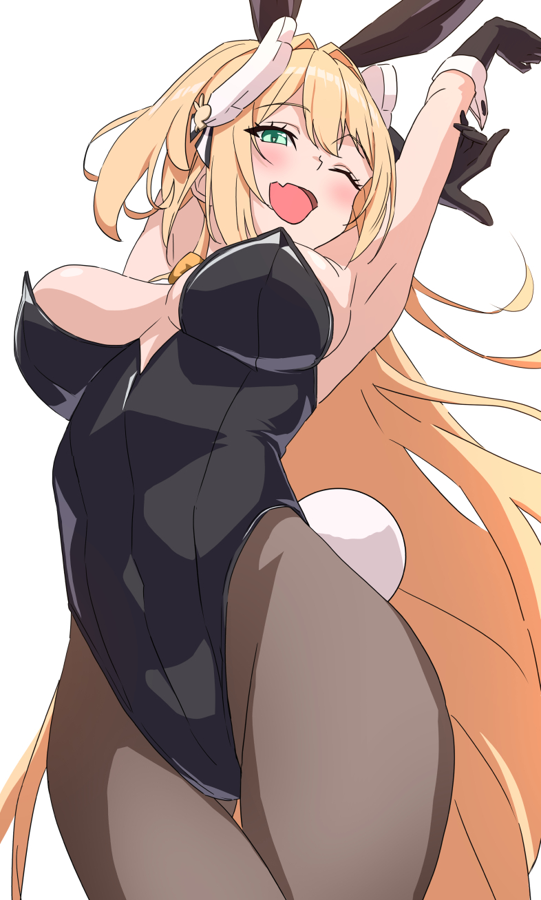 1girl :d animal_ears arms_up black_gloves black_leotard blonde_hair blush bow bowtie breasts brown_pantyhose cleavage earrings fake_animal_ears fake_tail fang gloves goddess_of_victory:_nikke green_eyes hair_ornament hatenoga highleg highleg_leotard highres jewelry large_breasts leotard long_hair official_alternate_costume one_eye_closed open_mouth pantyhose playboy_bunny ponytail rabbit_ears rabbit_tail rupee_(nikke) rupee_(rabbit_deluxe)_(nikke) skin_fang smile solo strapless strapless_leotard tail thigh_gap yellow_bow yellow_bowtie