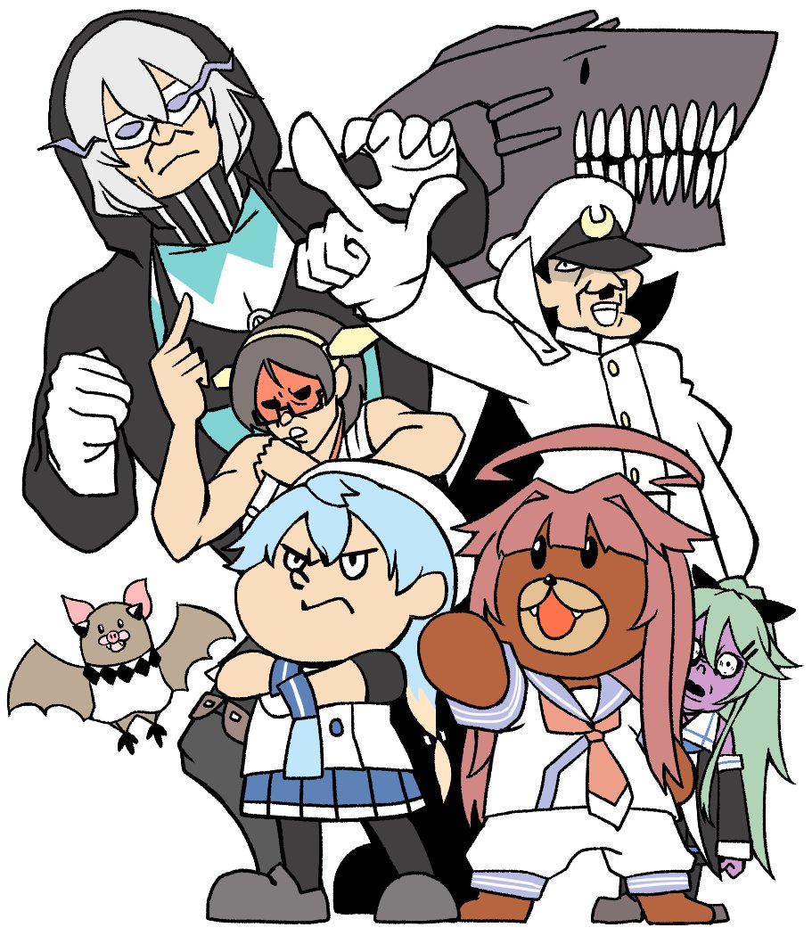 abyssal_ship admiral_(kancolle) admiral_(kancolle)_(cosplay) ahoge akara_kai bat_(animal) black_hair blue_hair brown_hair chancellor_(eagle_talon) cosplay creepy_kid_(eagle_talon) crossed_arms deluxe_fighter detached_sleeves eagle_talon gloves green_hair hair_between_eyes headgear holding holding_microphone index_finger_raised kantai_collection kirishima_(kancolle) kirishima_(kancolle)_(cosplay) kuma_(kancolle) kuma_(kancolle)_(cosplay) leonardo_hakase long_hair mask microphone military military_uniform morita_kouichi_(eagle_talon) nontraditional_miko parody phillip_(eagle_talon) re-class_battleship re-class_battleship_(cosplay) sado_(kancolle) sado_(kancolle)_(cosplay) short_hair simple_background white_background white_gloves white_hair yamakaze_(kancolle) yamakaze_(kancolle)_(cosplay) yoshida-kun_(eagle_talon)