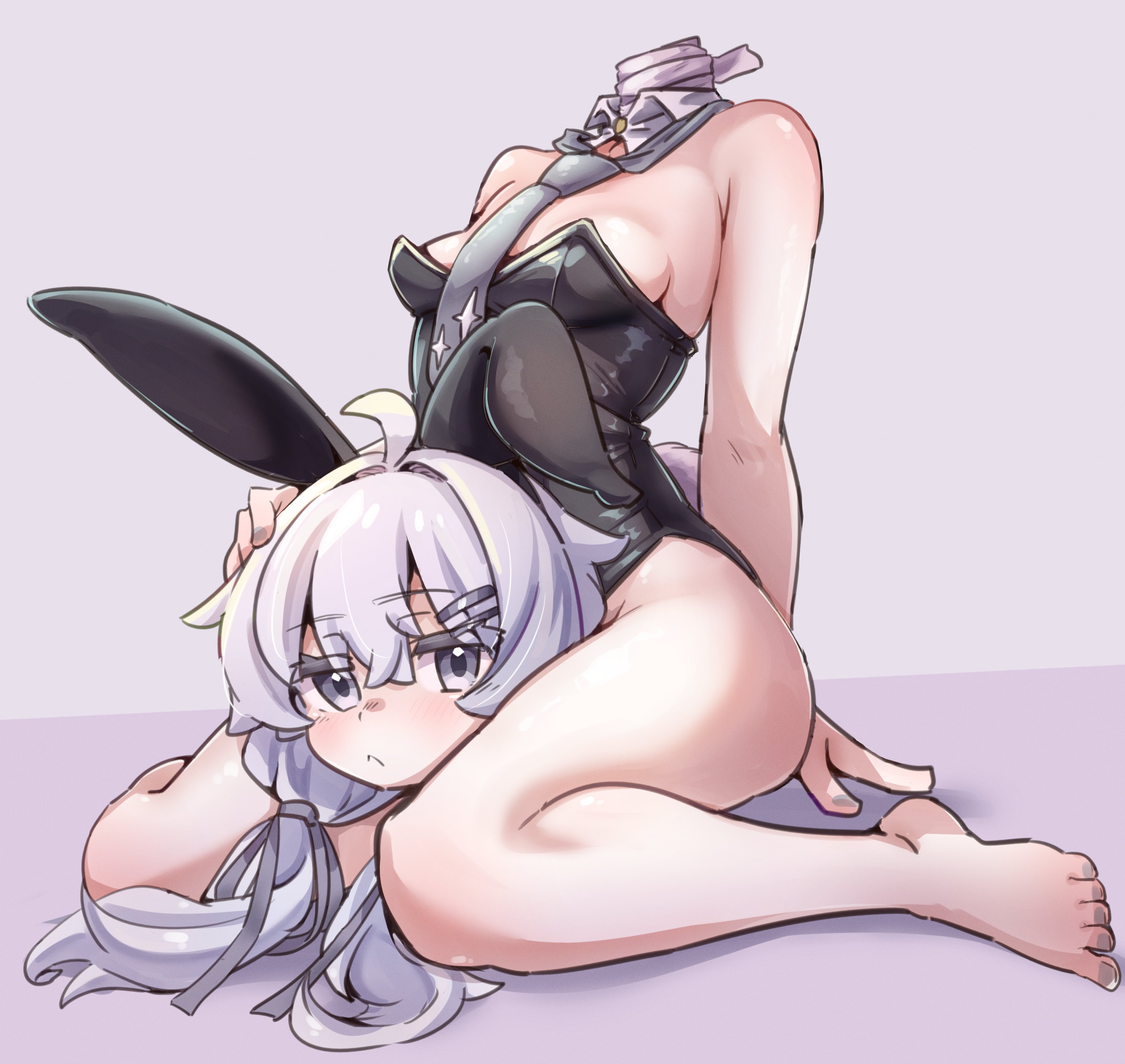 1girl :< absurdres ahoge alternate_costume animal_ears bare_legs bare_shoulders barefoot black_leotard blush breasts closed_mouth detached_collar disembodied_head fake_animal_ears fake_tail full_body grey_eyes grey_hair grey_necktie hair_between_eyes hair_ornament hair_ribbon hairclip headless highleg highres legs leotard long_hair looking_at_viewer low_twintails necktie platinum_(vrchat) playboy_bunny purple_eyes purple_hair rabbit_ears rabbit_tail ribbon simple_background sitting small_breasts solo star_(symbol) strapless strapless_leotard t_monak tail toenails toes twintails vrchat wariza yuzuki_yukari
