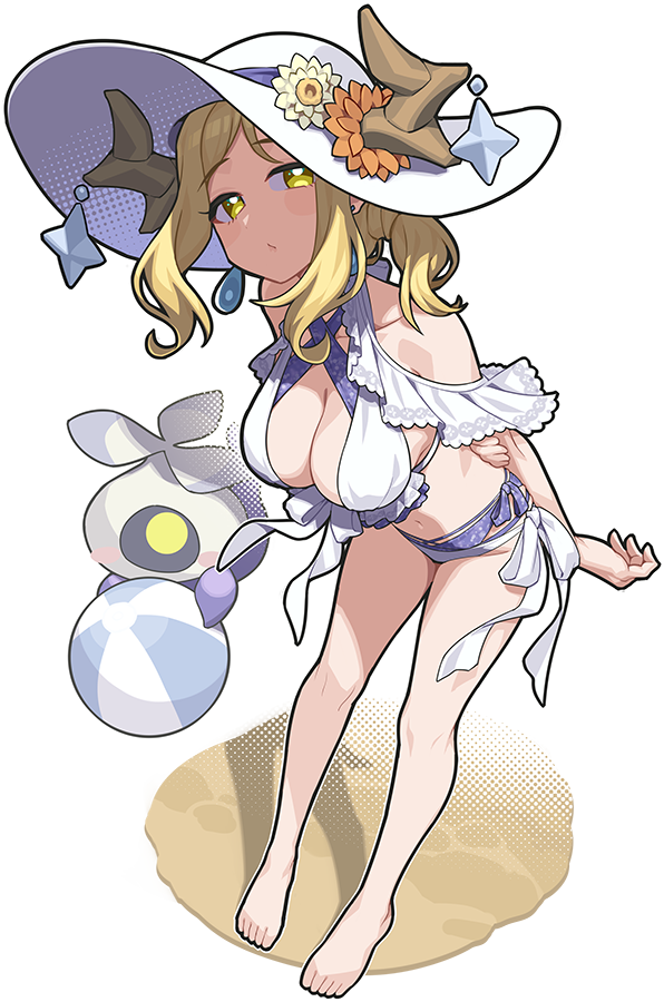1girl barefoot bikini blonde_hair breasts cleavage closed_mouth full_body genjitsu_no_yohane horns large_breasts looking_at_viewer love_live! love_live!_sunshine!! ohara_mari pellapie short_hair solo swimsuit transparent_background waste-man yellow_eyes