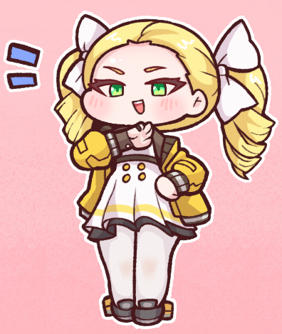 1girl black_skirt blonde_hair blush bulga chibi dress drill_hair full_body green_eyes hair_ribbon jacket last_origin lowres mercury_(last_origin) ojou-sama_pose pantyhose pinafore_dress pink_background pleated_skirt ribbon simple_background skirt sleeveless_dress solo twin_drills white_pantyhose