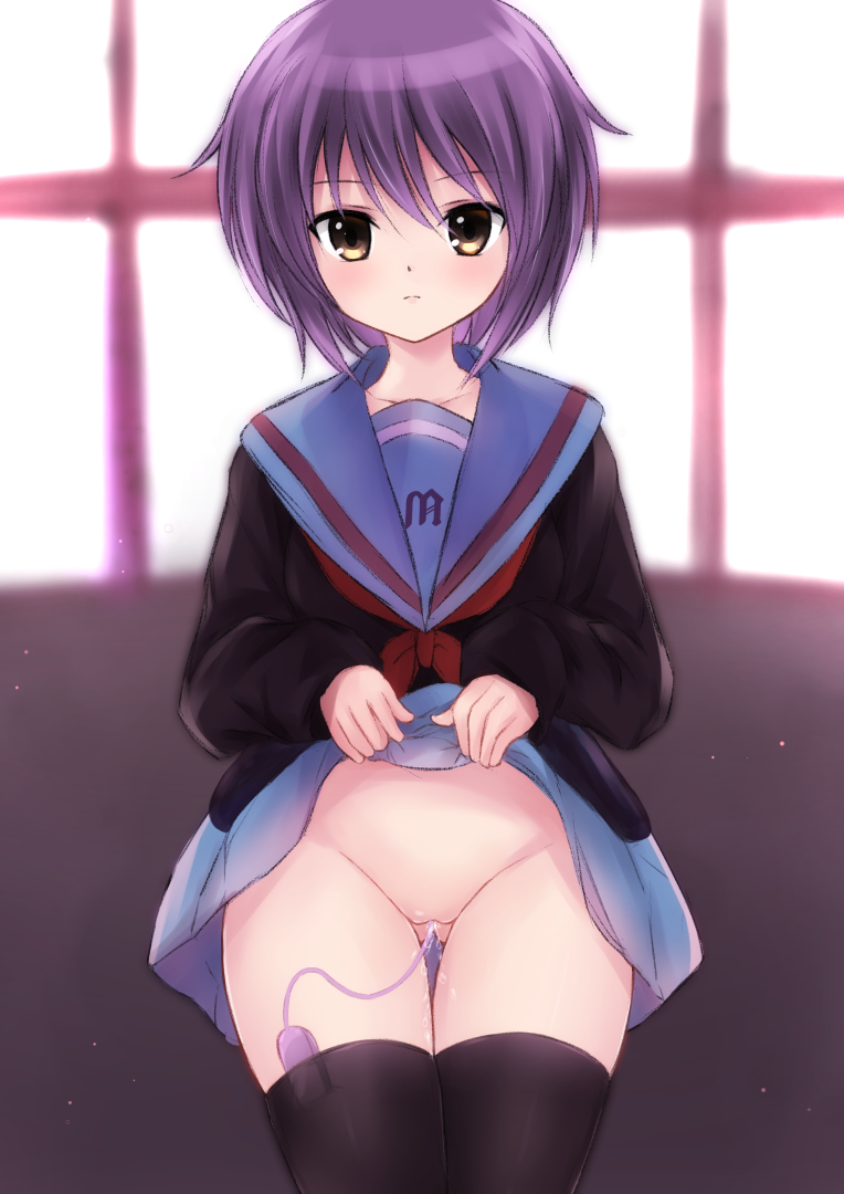 1girl black_thighhighs blue_sailor_collar blue_skirt brown_cardigan brown_eyes cardigan closed_mouth clothes_lift collarbone commentary_request egg_vibrator expressionless female_masturbation kaze_(kaze_kaza) kita_high_school_uniform lifting_own_clothes long_sleeves looking_at_viewer masturbation nagato_yuki neckerchief no_panties purple_hair pussy pussy_juice red_neckerchief red_ribbon ribbon sailor_collar school_uniform serafuku sex_toy short_hair skirt skirt_lift solo suzumiya_haruhi_no_yuuutsu thighhighs vibrator zettai_ryouiki