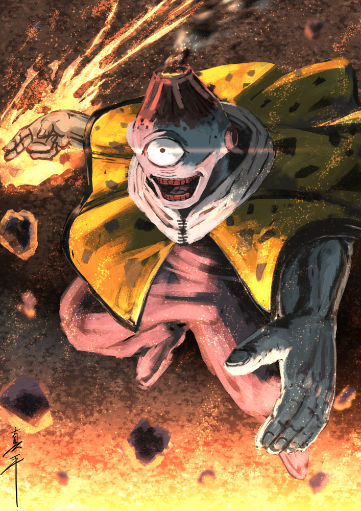 1other ashes black_pants cloak colored_skin colored_teeth commentary_request cursed_spirit_(jujutsu_kaisen) eye_trail flaming_hand jogo_(jujutsu_kaisen) jujutsu_kaisen light_trail open_mouth pants red_teeth shinpei_(shimpay) smoke solo teeth volcano white_skin