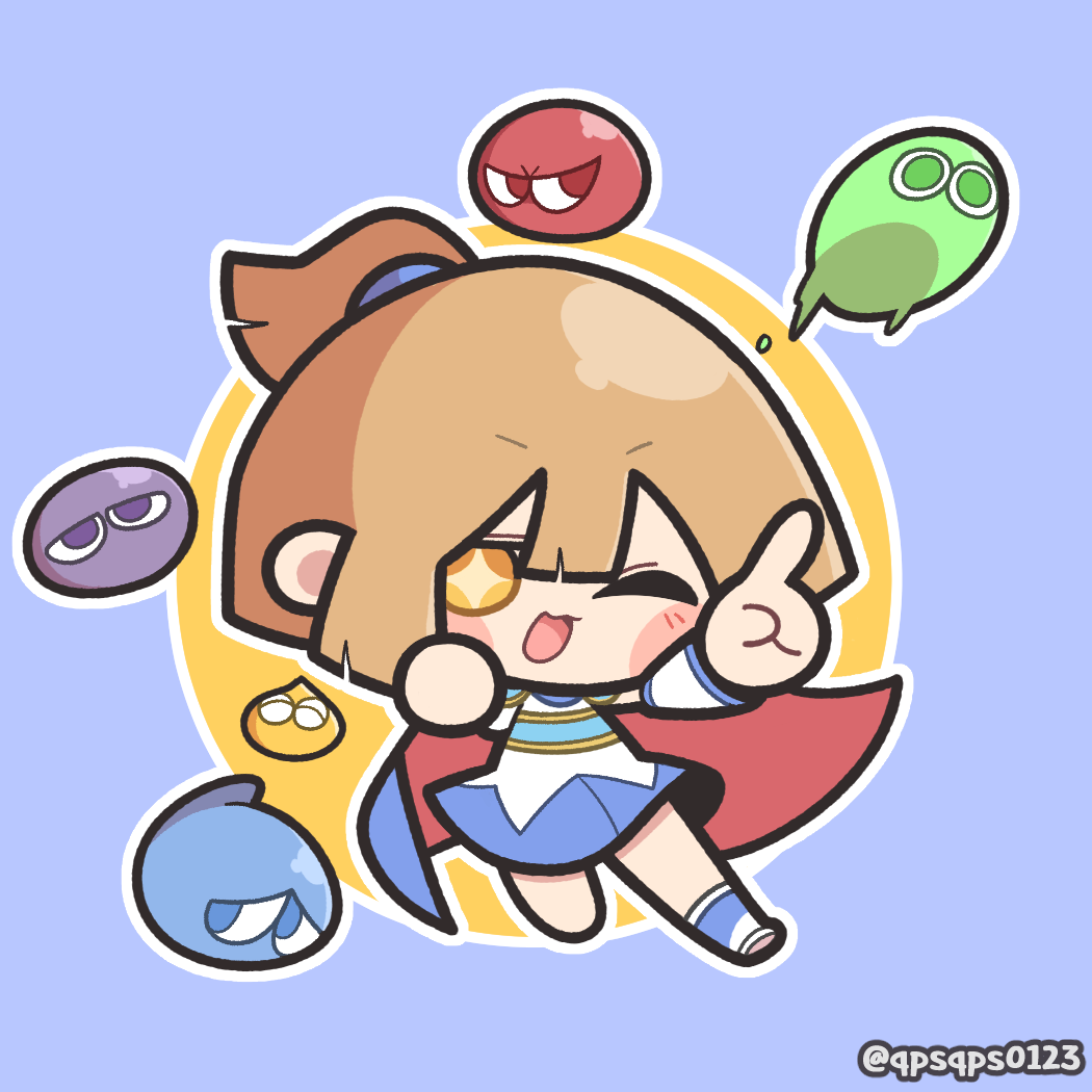 1girl ;3 arle_nadja baek_ban blue_boots blue_skirt blue_trim blush_stickers boots brown_hair cape chibi chibi_only detached_sleeves hair_between_eyes one_eye_closed open_mouth orange_hair pointing pointing_at_viewer ponytail puyo_(puyopuyo) puyopuyo shirt skirt smile sparkling_eyes two-sided_cape two-sided_fabric v-shaped_eyebrows white_shirt white_sleeves