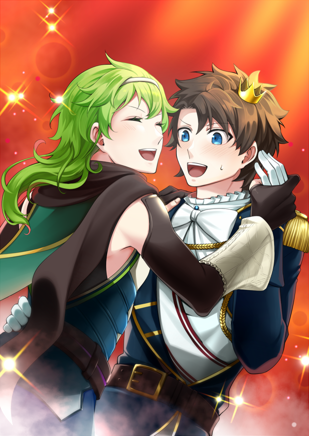 2boys :d aiguillette belt black_gloves black_hair blue_eyes bow bowtie crown dancing david_(fate) elbow_gloves epaulettes closed_eyes fate/grand_order fate_(series) fujimaru_ritsuka_(male) fujimaru_ritsuka_(male)_(halloween_royalty) gloves green_hair hairband hand_on_another&#039;s_waist holding_hands itsumo_nemui light_particles long_hair looking_at_another male_focus messy_hair mini_crown multiple_boys official_alternate_costume open_mouth orange_background smile sparkle upper_body white_bow white_bowtie white_gloves white_hairband yaoi