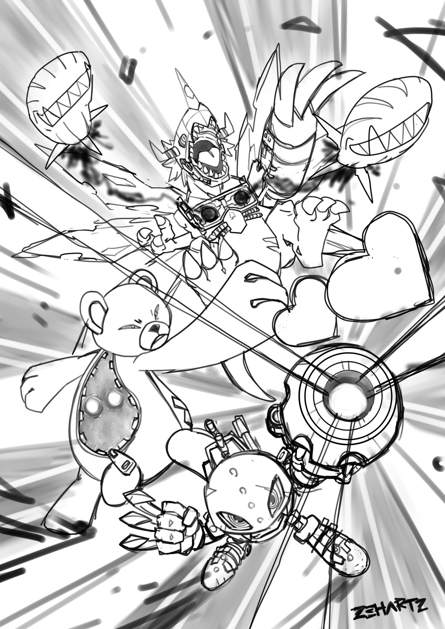 claws cyborg digimon digimon_(creature) highres looking_at_viewer metalgreymon_(virus) metalmamemon monzaemon zipper_pull_tab
