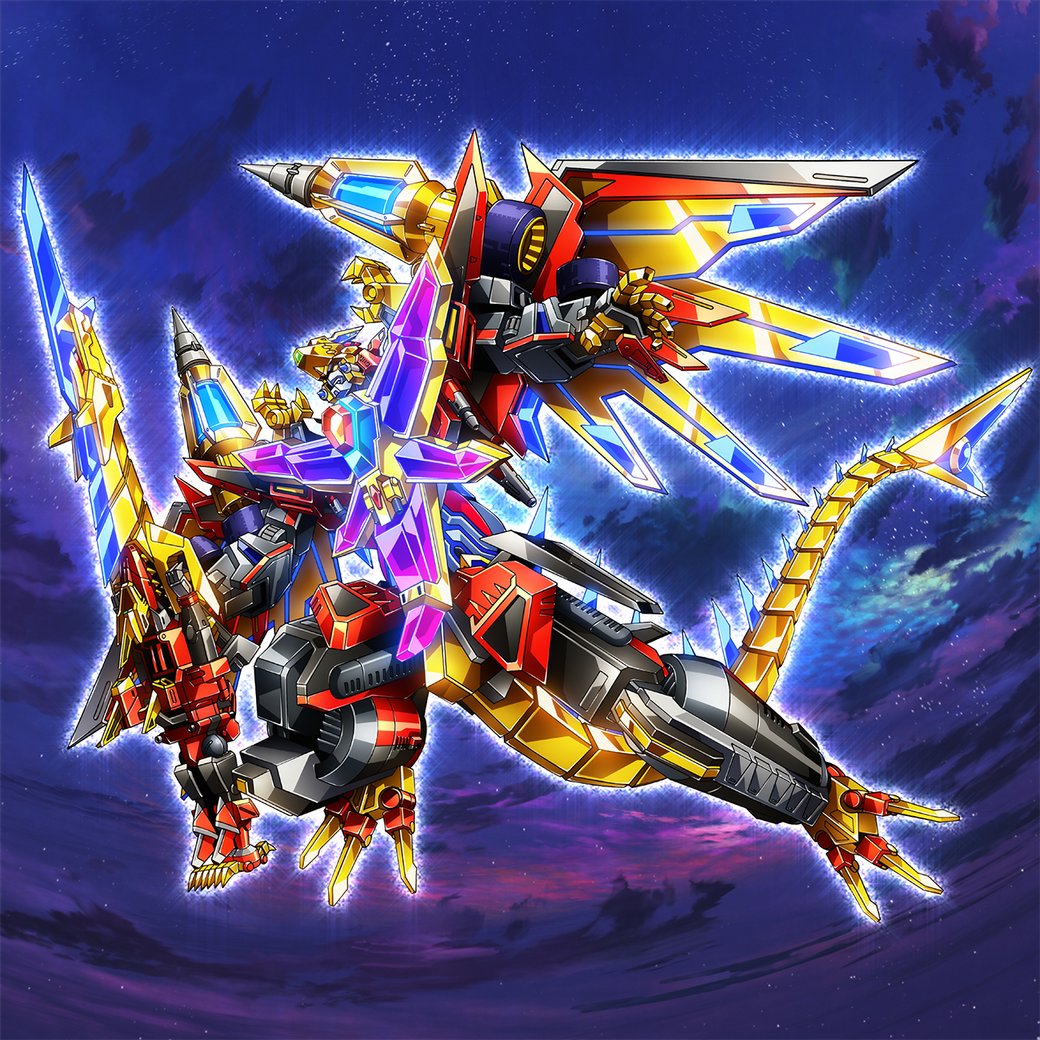 acceptor character_request drill drill_tank gattai gridman_universe gridman_universe_(movie) gridman_universe_fighter holding holding_sword holding_weapon kaiser_gridman mecha mutaguchi_hiroki open_hand robot science_fiction shoulder_cannon ssss.dynazenon ssss.gridman super_robot sword tail tokusatsu v-fin weapon wings yellow_eyes