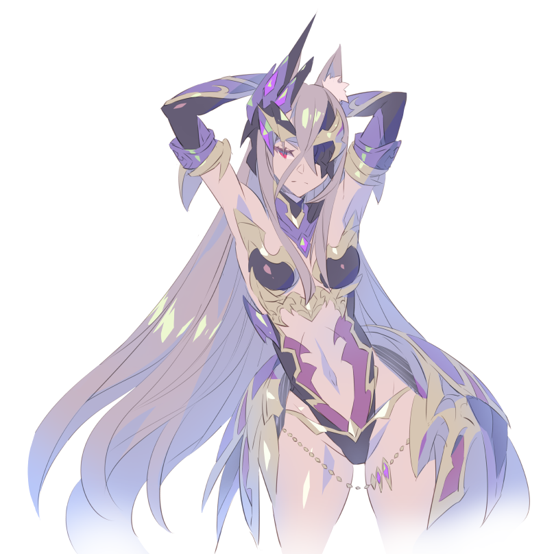 1girl arms_behind_head breasts clothing_cutout elbow_gloves eyepatch gloves grey_hair groin headgear long_hair medium_breasts mk-5 navel navel_cutout princess_connect! red_eyes senri_mana skin_tight very_long_hair