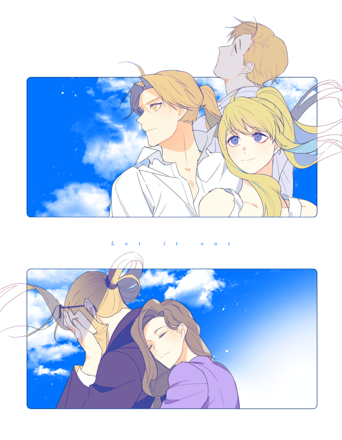 2girls 3boys ahoge alphonse_elric backlighting bare_shoulders black_jacket blonde_hair blue_eyes blue_sky brothers brown_hair closed_eyes cloud cloudy_sky commentary_request couple day dress_shirt earrings edward_elric english_text expressionless unworn_eyewear father_and_son floating_hair fullmetal_alchemist glasses hands_on_own_face happy hetero hug hug_from_behind in_ventus jacket jewelry long_sleeves looking_away looking_up mother_and_son multiple_boys multiple_girls ponytail profile purple_shirt sad shirt siblings side_ponytail sky smile text_focus transparent_background trisha_elric upper_body van_hohenheim white_shirt winry_rockbell yellow_eyes