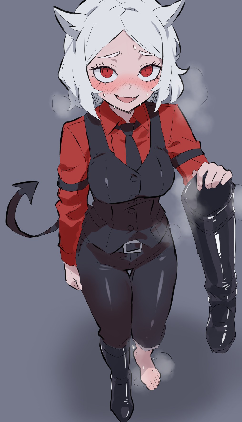 1girl animal_ears aya-daisuki218 blush boots cerberus_(helltaker) dog_ears dog_girl heavy_breathing helltaker highres single_bare_foot single_boot smell solo steaming_body sweat sweatdrop tail unworn_boots white_hair