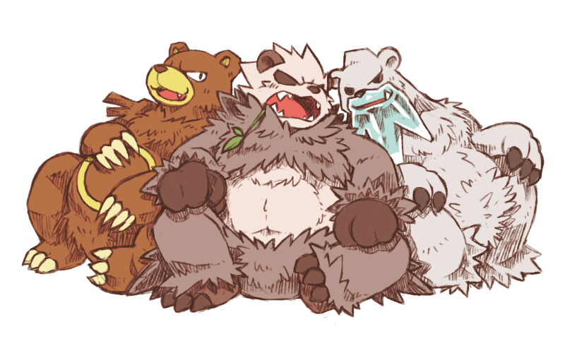 bear beartic bow-wow claws commentary_request duplicate fang fangs gen_2_pokemon gen_5_pokemon gen_6_pokemon leaf nintendo no_humans open_mouth panda pangoro pixel-perfect_duplicate pokemon pokemon_(creature) polar_bear simple_background sitting smile ursaring white_background