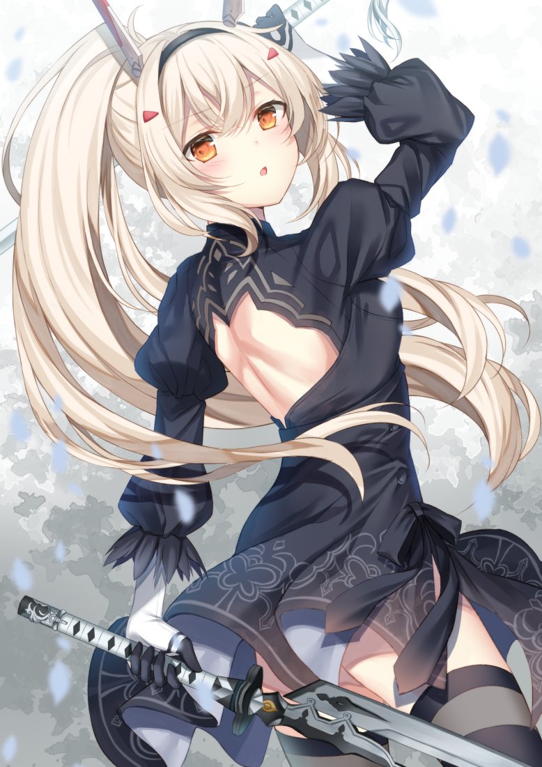 1girl alternate_costume ayanami_(azur_lane) azur_lane black_dress black_thighhighs blush breasts commentary_request cosplay dress gloves hair_between_eyes hair_ornament headgear high_ponytail long_hair looking_at_viewer nier:automata nier_(series) ponytail puffy_sleeves red_eyes retrofit_(azur_lane) sidelocks skirt solo sugisaki_yuu sword thighhighs weapon 2b_(nier:automata) 2b_(nier:automata)_(cosplay)