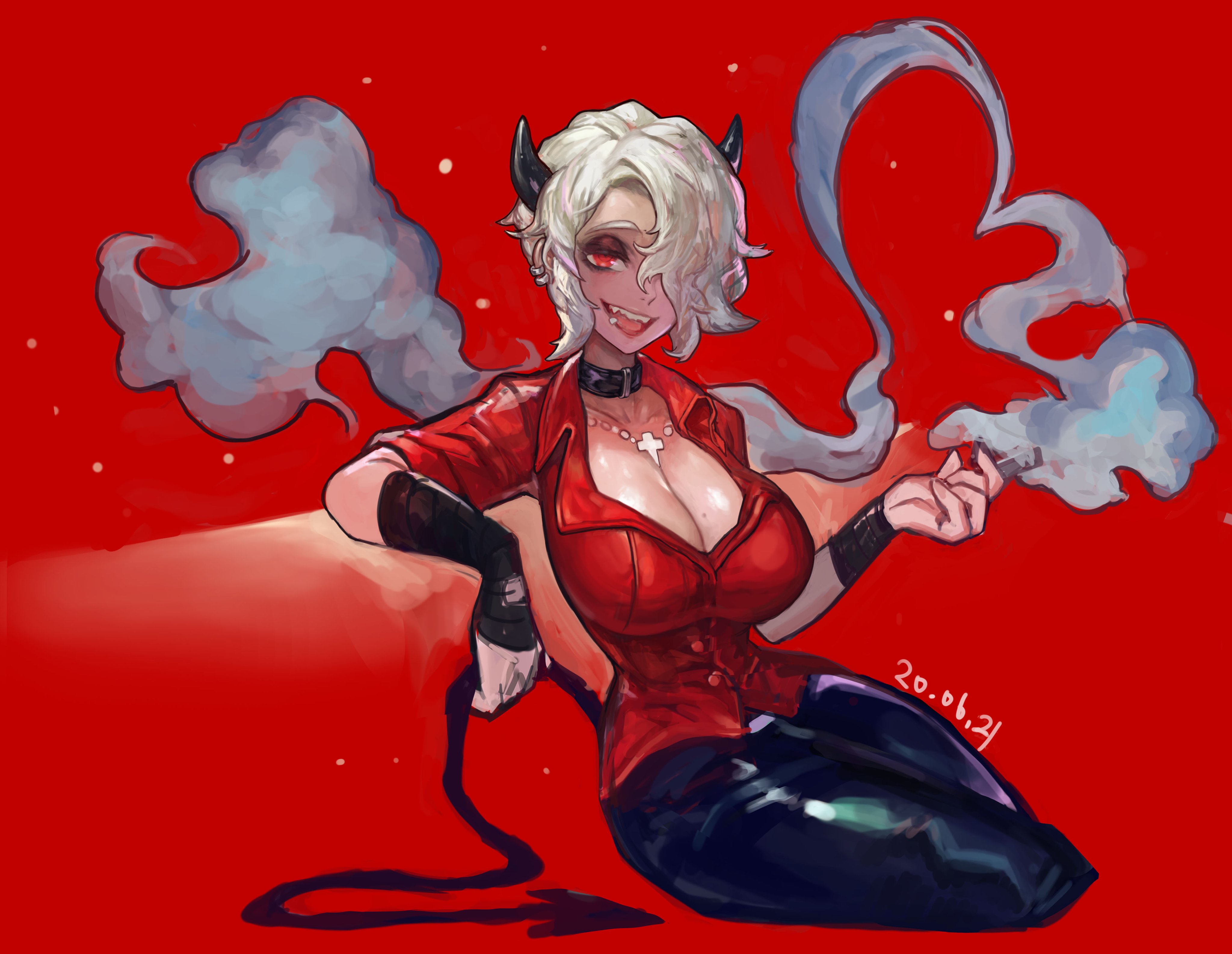 1girl absurdres black_horns black_pants breasts cigarette cross demon_girl demon_horns demon_tail dydldidl ear_piercing fangs helltaker highres horns large_breasts non-web_source pants piercing red_shirt shirt sitting smoke tail white_hair zdrada_(helltaker)