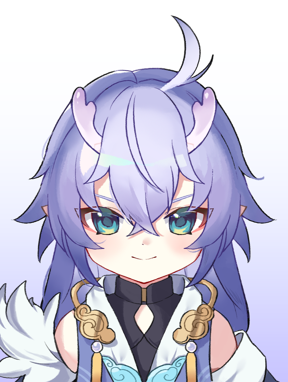 1girl ahoge bailu_(honkai:_star_rail) blush chinese_clothes closed_mouth cowboy_shot ddugi0506 detached_sleeves dragon_girl dragon_horns eastern_dragon_horns green_eyes hair_between_eyes highres honkai:_star_rail honkai_(series) horns long_hair looking_at_viewer purple_hair simple_background smile