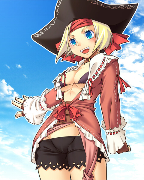 00s 1girl bandana bikini bikini_top_only blonde_hair blue_eyes breasts corsair corsair_(final_fantasy) day female_focus final_fantasy final_fantasy_xi hat hume katy_(artist) medium_breasts open_clothes open_shirt shirt solo swimsuit