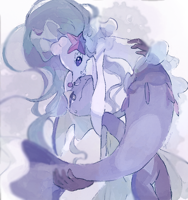 blue_hair gen_7_pokemon gen_8_pokemon inteleon long_hair nintendo pokemon pokemon_(creature) primarina starfish_hair_ornament tail yurano_(upao)
