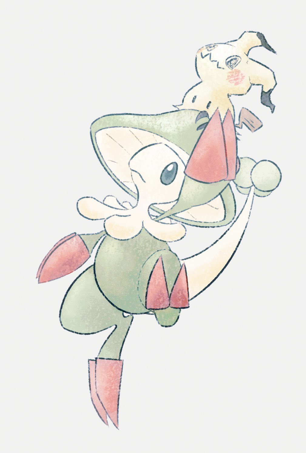 arm_up black_eyes breloom clawed_feet claws closed_mouth fireblast frown full_body gen_3_pokemon gen_7_pokemon highres leg_up mimikyu nintendo on_head pokemon pokemon_(creature) simple_background white_background