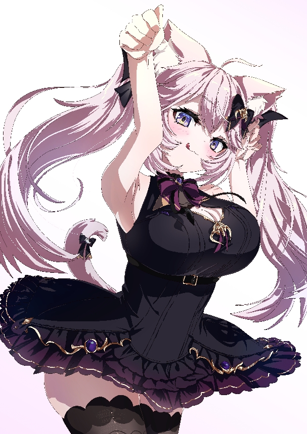 1girl ahoge animal_ear_fluff animal_ears arm_up armpits black_dress black_thighhighs breasts cat_ears cat_girl cat_tail cleavage cleavage_cutout clothing_cutout dress gelillust indie_virtual_youtuber large_breasts long_hair looking_at_viewer nyatasha_nyanners nyatasha_nyanners_(6th_costume) pink_hair purple_eyes sleeveless sleeveless_dress tail thighhighs tongue tongue_out twintails virtual_youtuber white_background