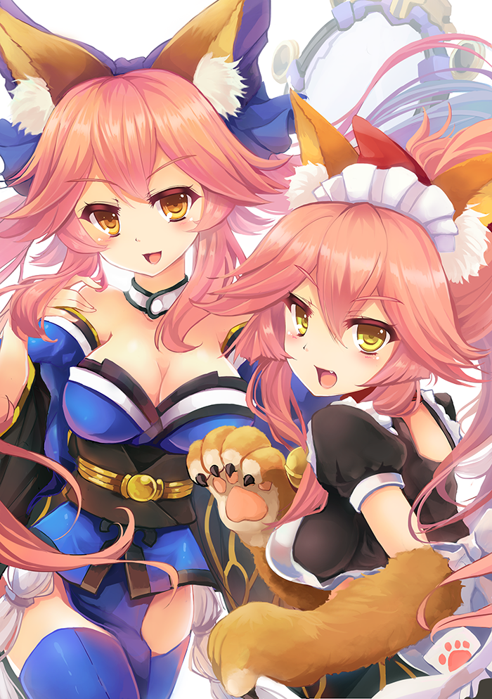 2girls animal_ears animal_hands bare_shoulders bell blue_ribbon blue_thighhighs bow breasts cat_paws cleavage collar collarbone commentary_request detached_sleeves dual_persona fangs fate/grand_order fate_(series) fox_ears fox_tail gloves goushou hair_bow hair_ribbon japanese_clothes jingle_bell large_breasts long_hair looking_at_viewer maid_headdress multiple_girls neck_bell open_mouth paw_gloves pink_hair ponytail red_ribbon ribbon simple_background tail tamamo_(fate) tamamo_no_mae_(fate/extra) thighhighs white_background yellow_eyes