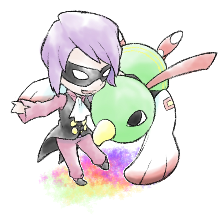 1boy ascot black_vest chibi domino_mask gen_2_pokemon long_sleeves male_focus mask nintendo no_pupils oda_(dazarashi_koubou) open_mouth pants pokemon pokemon_(creature) pokemon_hgss purple_hair purple_pants purple_shirt shirt short_hair tailcoat vest white_ascot white_background will_(pokemon) xatu