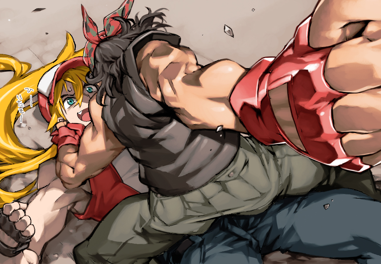 2boys bandana baseball_cap black_hair blue_eyes boy_on_top cargo_pants clenched_hand clothes_grab commentary_request denim fang fatal_fury fighting gloves hat imminent_punch jeans long_hair male_focus multiple_boys muscular open_mouth pants ponytail ralf_jones red_gloves shirt_grab shoulder_pads sleeveless straddling tan terry_bogard the_king_of_fighters translation_request vest ysk!