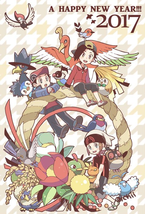 2017 3boys backwards_hat bad_id bad_pixiv_id baseball_cap beanie bird black_hair black_shirt blush brendan_(pokemon) bright_pupils brown_hair capri_pants chatot commentary_request ethan_(pokemon) fletchling flower gen_2_pokemon gen_3_pokemon gen_4_pokemon gen_5_pokemon gen_6_pokemon gen_7_pokemon hanging happy_new_year hat ho-oh hoothoot jacket legendary_pokemon long_sleeves lucas_(pokemon) male_focus multiple_boys murkrow natu new_year nintendo open_mouth pants pidove pikipek piplup pokemon pokemon_(creature) pokemon_dppt pokemon_hgss pokemon_oras pokemon_platinum red_jacket rope rowlet rufflet shirt shoes short_hair short_sleeves sitting smile swablu taillow teeth tongue torchic upper_teeth_only white_headwear xichii zipper_pull_tab