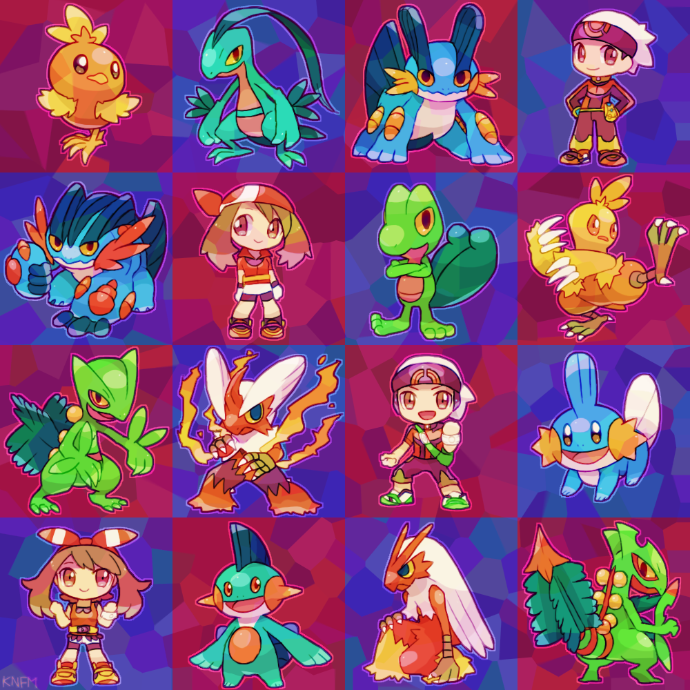 2boys 2girls bandana beanie bike_shorts_under_skirt blaziken brendan_(pokemon) brown_hair claws colored_sclera combusken crossed_arms deformed gen_3_pokemon grovyle hat kanafumi_(spindle) marshtomp may_(pokemon) mega_blaziken mega_pokemon mega_ring mega_sceptile mega_swampert mudkip multiple_boys multiple_girls multiple_persona nintendo open_mouth pokemon pokemon_(creature) pokemon_oras pokemon_rse red_bandana sceptile solid_oval_eyes swampert torchic treecko yellow_sclera