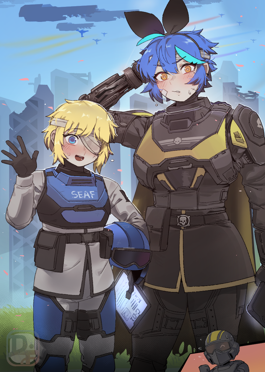 2girls armor blonde_hair blue_eyes blue_hair blush c-01_permit_(helldivers) clipboard dif_(difman) difman eyepatch full_armor helldiver_(helldivers) helldivers_(series) helmet highres looking_at_viewer multiple_girls open_mouth original scratching_head seaf_soldier_(helldivers) super_earth_salute_(helldivers) sweatdrop unworn_headwear yellow_eyes