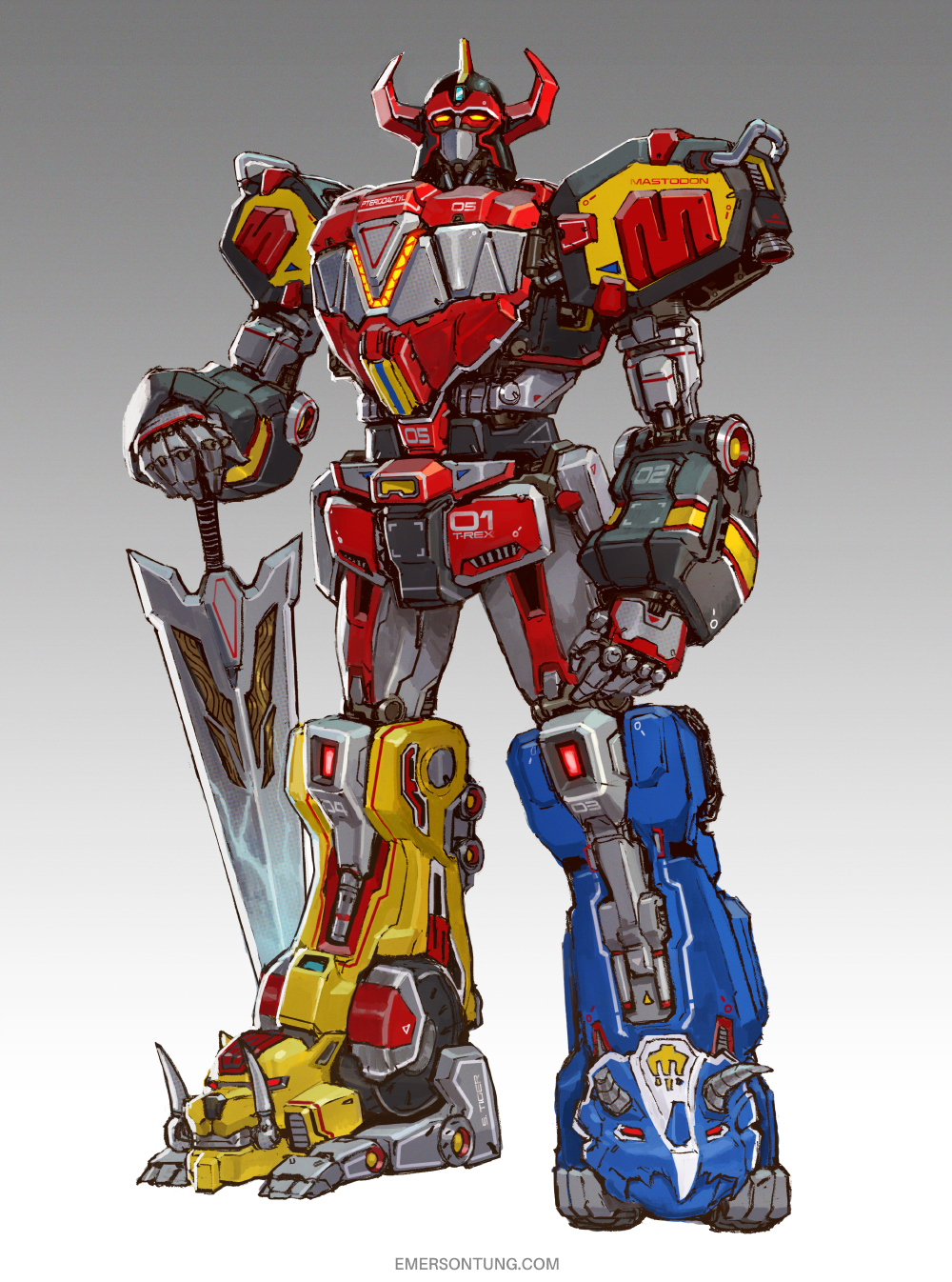 commentary daijuujin daizyuzin dino_megazord emerson_tung english_commentary gradient_background highres holding holding_sword holding_weapon horns kyouryuu_sentai_zyuranger looking_up mecha mighty_morphin_power_rangers no_humans open_hand power_rangers robot solo super_sentai sword tokusatsu weapon yellow_eyes