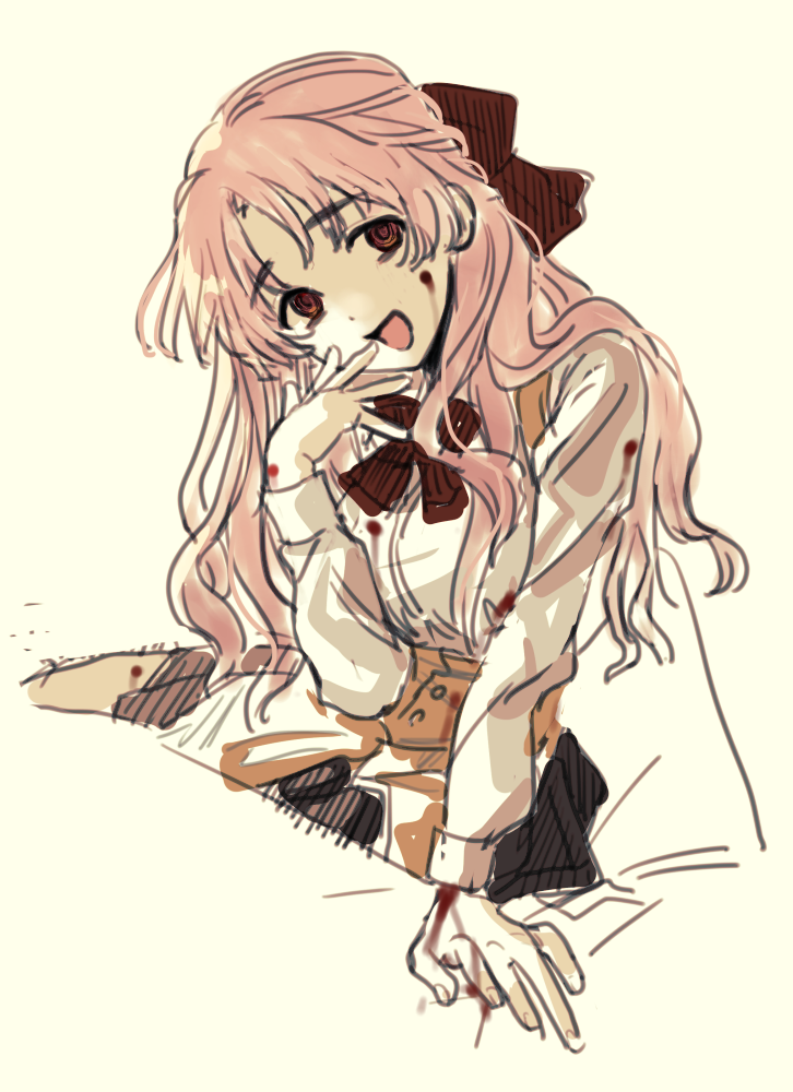 1103sns 1girl arm_support black_skirt bleeding blood blood_on_clothes brown_vest hair_ribbon hand_to_own_mouth hand_up head_tilt injury long_hair long_sleeves looking_at_viewer miniskirt neck_ribbon open_mouth pink_hair red_eyes red_ribbon ribbon ringed_eyes sayonara_wo_oshiete school_uniform shirt simple_background sitting skirt smile solo ueno_koyori vest white_background white_shirt yokozuwari