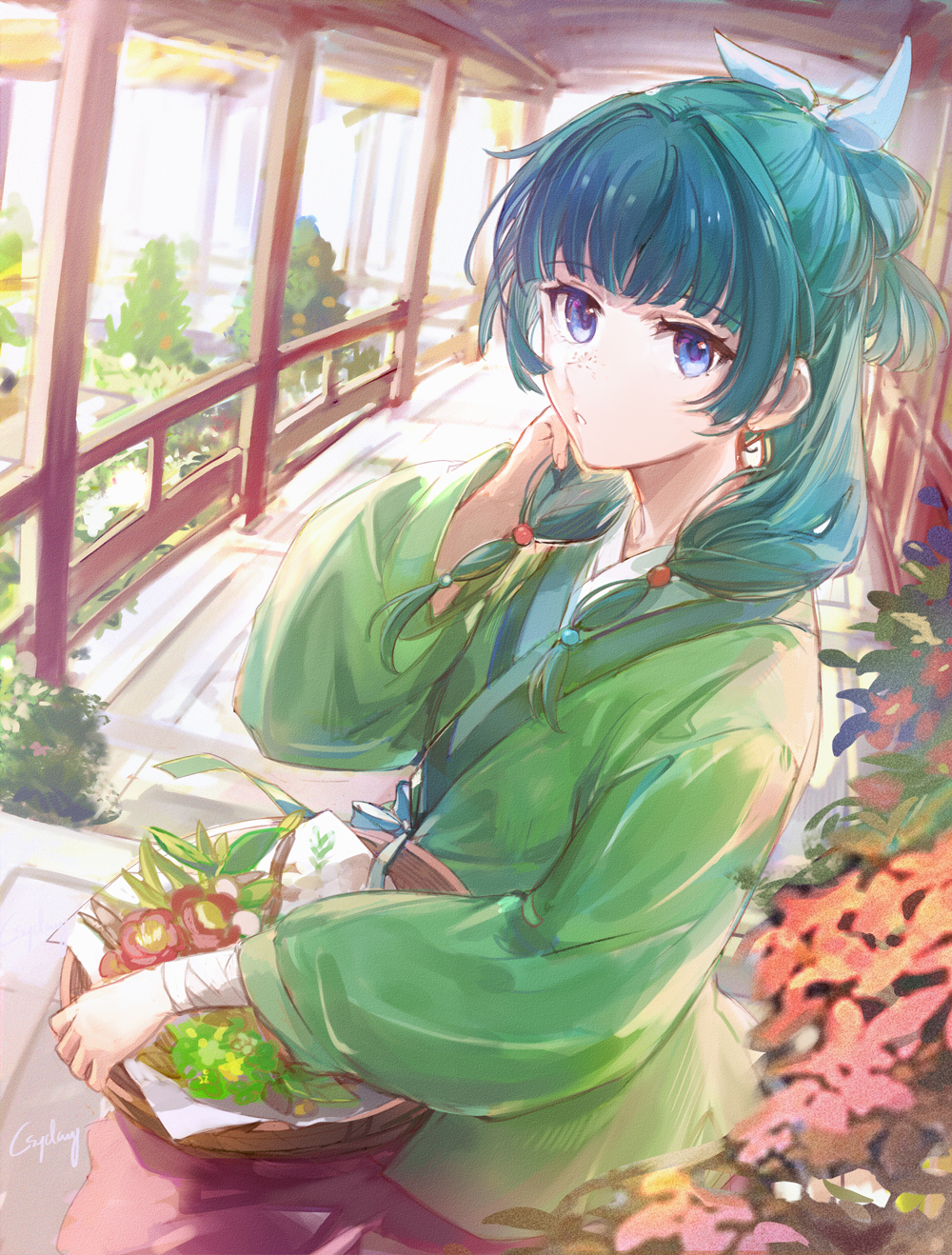 1girl architecture artist_name basket beads blue_eyes chinese_clothes commentary_request csyday day east_asian_architecture freckles green_hair green_hanfu hair_beads hair_ornament hand_up hanfu highres holding holding_basket holding_own_hair kusuriya_no_hitorigoto long_hair long_sleeves looking_at_viewer looking_to_the_side maomao_(kusuriya_no_hitorigoto) parted_lips plant revision signature solo sunlight twintails