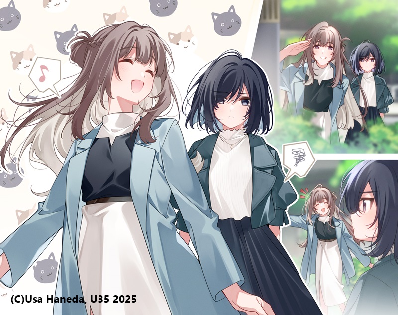2girls ahoge black_eyes black_hair black_shirt black_skirt blue_coat braid brown_hair closed_eyes coat commentary_request half_up_braid long_hair miyagi_shiori multiple_girls musical_note official_art open_clothes open_coat open_mouth purple_eyes second-party_source sendai_hazuki shirt short_hair shuuniichido_classmate_wo_kau_hanashi skirt spoken_musical_note spoken_squiggle squiggle u35 white_shirt white_skirt