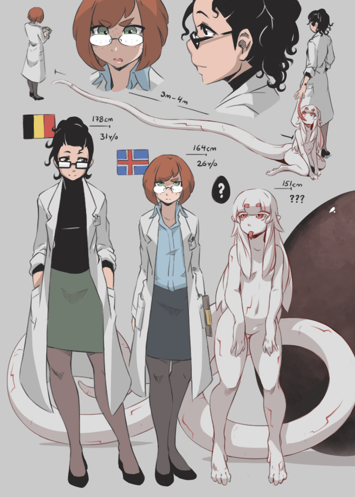 3girls ? ad-6-0001a alien bangs_pinned_back belgian_flag black_eyes black_footwear black_hair black_legwear black_shirt blue_shirt blue_skirt brown_legwear character_age clipboard collared_shirt colored_skin dr._m.s. dr._molly_simon dr._s.r. dr._sif_runarsdottir egg facing_viewer flag freckles full_body glasses green_eyes green_skirt grey_background hands_in_pockets height height_chart high_ponytail hushabye icelandic_flag lab_coat long_hair long_tail long_tongue looking_at_viewer looking_over_eyewear measuring monster_girl multiple_girls orange_hair original pale_skin pantyhose pencil_skirt pointy_ears ponytail project_a.d.a. red_eyes red_hair rimless_eyewear shirt short_hair simple_background skirt spoken_question_mark standing swept_bangs tail tongue tongue_out white_hair white_skin