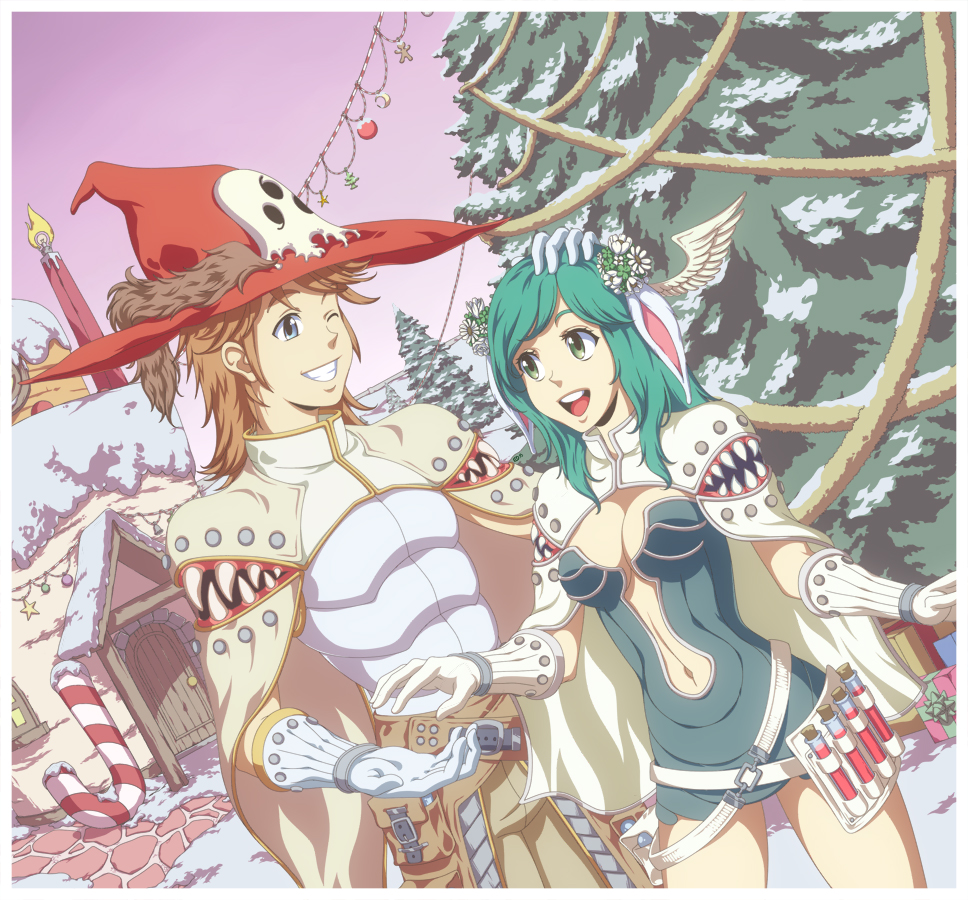 1boy 1girl alternate_color animal_ears belt belt_pouch breasts brown_belt brown_hair brown_pants candy candy_cane cape christmas christmas_tree cleavage cokeboy commentary couple cowboy_shot creator_(ragnarok_online) dress dutch_angle english_commentary feathered_wings food gloves green_eyes green_hair grey_dress grey_eyes grin hat head_wings hetero house large_breasts long_hair looking_at_another medium_hair navel one_eye_closed open_mouth pants plume plunging_neckline potion pouch rabbit_ears rabbit_girl ragnarok_online red_hat shirt short_dress sleeveless sleeveless_shirt smile strapless strapless_dress streamers vial white_cape white_gloves white_shirt white_wings wings