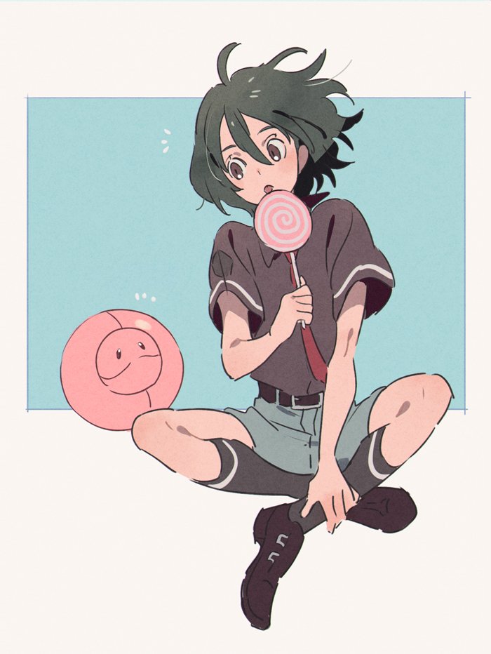 1boy bellri_zenam black_hair brown_eyes candy food gundam gundam_g_no_reconguista hair_between_eyes haro indian_style kneehighs licking lollipop mogy88428 necktie shirt shorts sitting socks t-shirt
