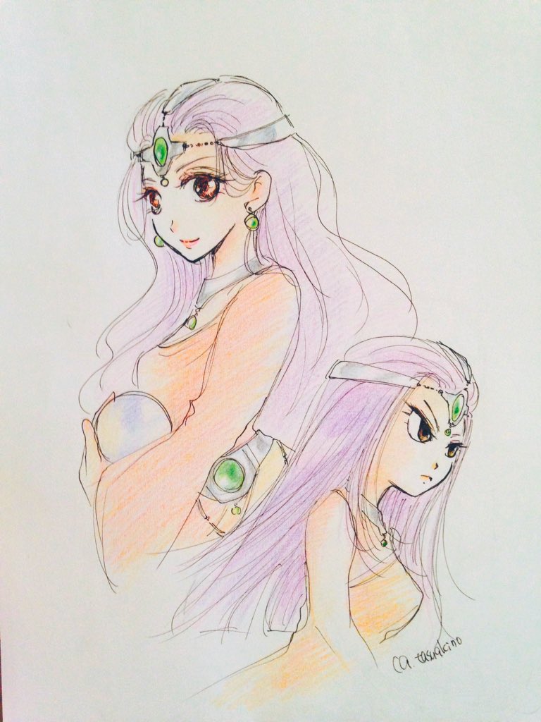 2girls asymmetrical_dress brown_eyes circlet crystal_ball dark_skin dragon_quest dragon_quest_iv dress dual_persona earrings eyelashes eyeshadow forehead_jewel frown gem green_gemstone half-closed_eyes holding_orb inomata_mutsumi_(style) jewelry lipstick long_hair long_sleeves looking_at_viewer makeup minea_(dq4) multiple_girls neck_ring orange_dress orb purple_hair single_bare_shoulder single_sleeve sphere_earrings tasuakino v-shaped_eyebrows wavy_mouth