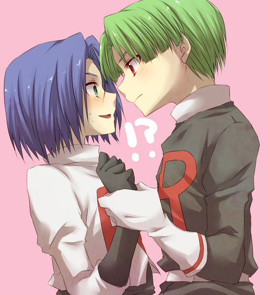 2boys bad_id bad_pixiv_id blue_hair blush brown_eyes butch_(pokemon) can&#039;t_be_this_cute embarrassed green_eyes green_hair image_sample james_(pokemon) looking_at_another multiple_boys nintendo pink_background pokemon pokemon_(anime) sweatdrop team_rocket u_u_jtk yaoi