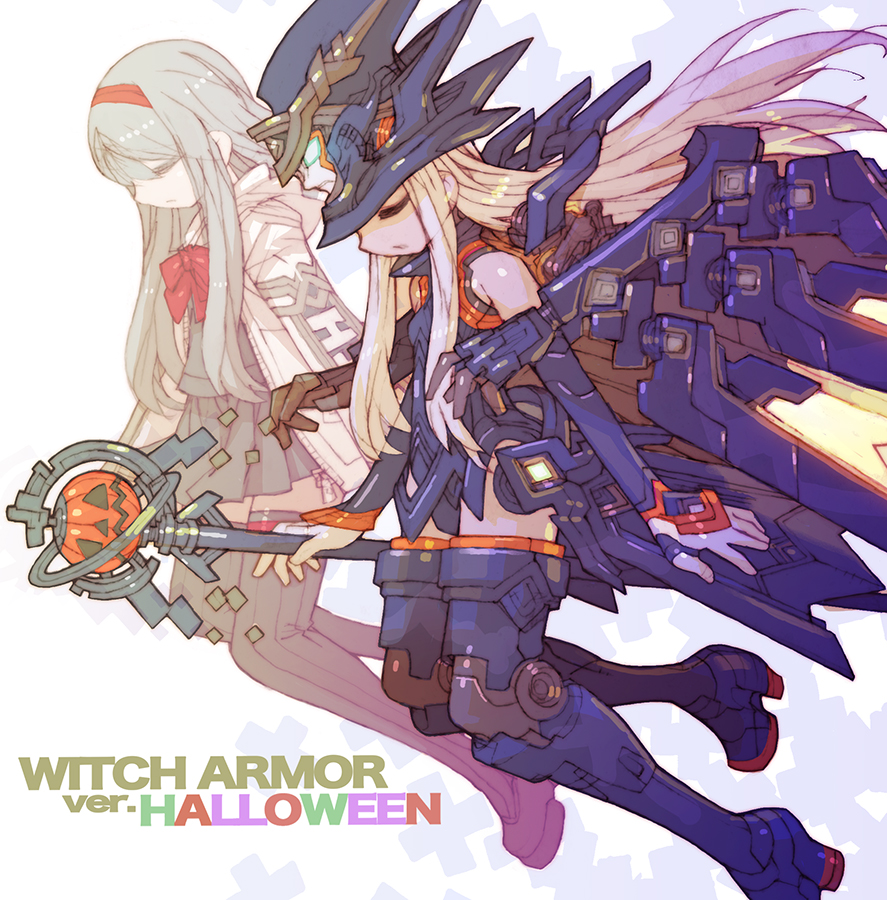 1girl bare_shoulders black_hat black_wings character_request copyright_request full_body grey_hair hat holding holding_staff long_hair mechanical_wings nakayama_tooru pumpkin simple_background staff white_background wings witch