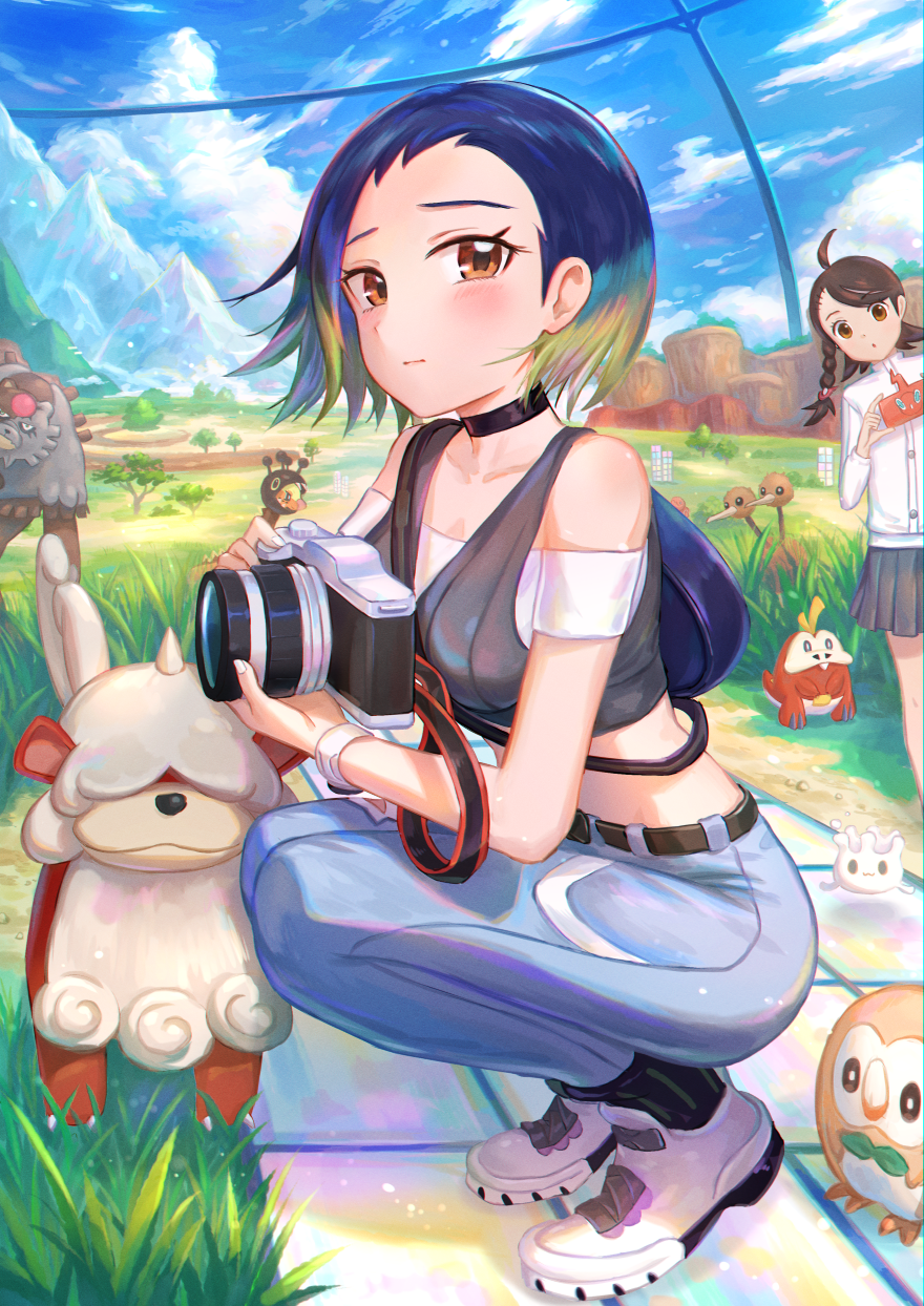 2girls belt black_belt black_socks bloodmoon_ursaluna blue_hair blue_pants blush brown_eyes brown_hair buttons camera closed_mouth cloud commentary_request day doduo eyelashes farigiraf fuecoco gen_1_pokemon gen_4_pokemon gen_7_pokemon gen_8_pokemon grass grey_vest highres hisuian_growlithe holding holding_camera juliana_(pokemon) kutsunohito milcery multiple_girls nintendo off-shoulder_shirt off_shoulder outdoors pants perrin_(pokemon) pleated_skirt pokemon pokemon_(creature) pokemon_sv ribbed_socks rotom rotom_phone rowlet shirt shoes short_hair skirt sky socks squatting standing ursaluna vest white_footwear white_shirt