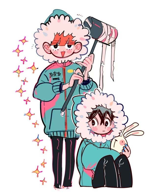 2boys animal bandages black_eyes black_hair black_pants blue_hood blue_jacket blue_nails blue_sleeves blunt_bangs blush_stickers closed_mouth collar collared_jacket cropped_legs dolman_(dm) expressionless fur-trimmed_hood fur_trim hammer high_collar holding holding_animal holding_hammer holding_rabbit hood hood_up hooded_jacket jacket knees_up layered_sleeves long_sleeves male_focus multiple_boys nail_polish notice_lines open_mouth orange_hair original pants pink_collar rabbit short_hair simple_background sitting smile sparkle white_background