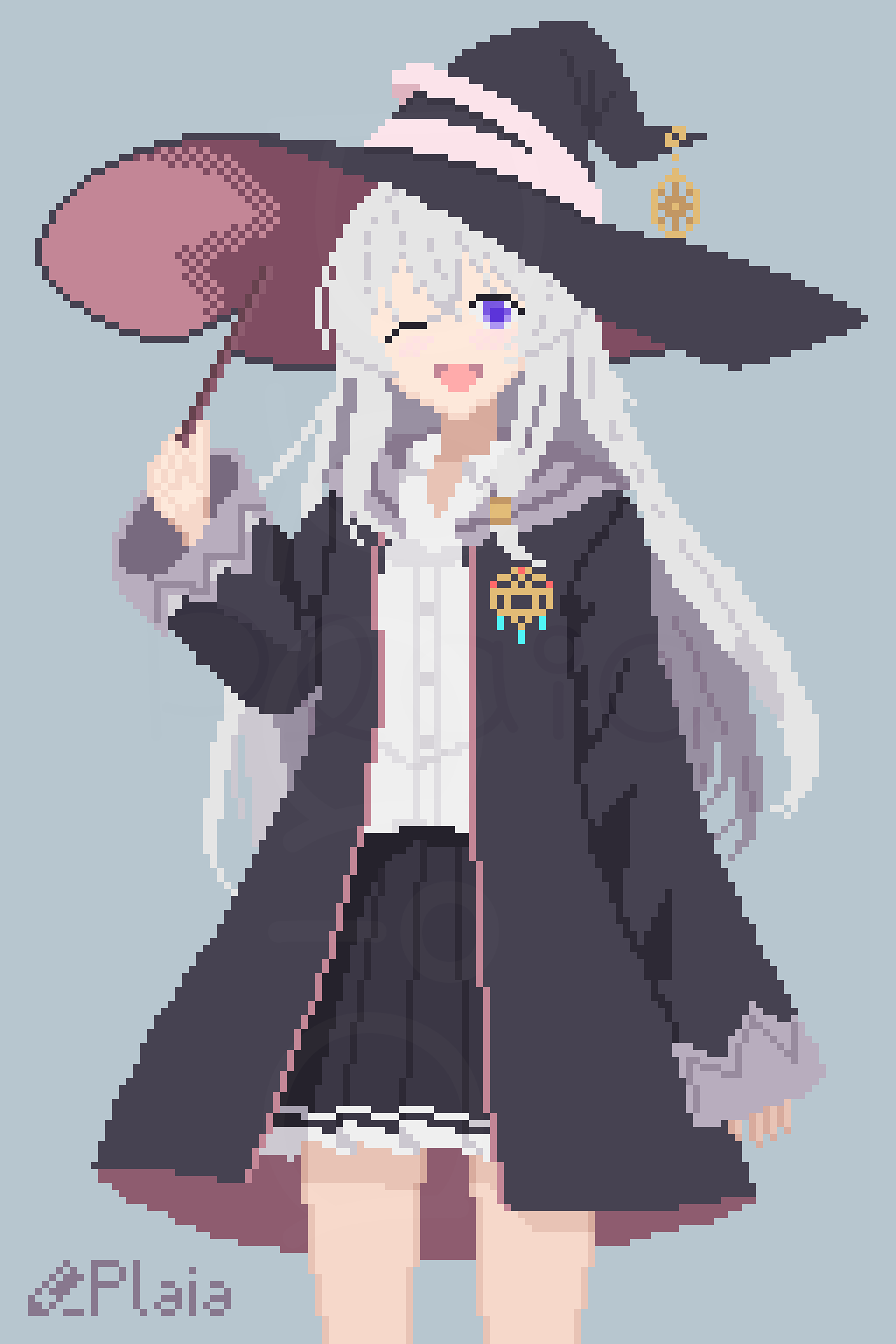 1girl black_hat black_jacket brooch cowboy_shot elaina_(majo_no_tabitabi) feet_out_of_frame grey_hair hair_ornament hat highres holding holding_wand jacket jewelry long_hair long_sleeves majo_no_tabitabi open_clothes open_jacket open_mouth pixel_art plaia_pix pleated_skirt purple_eyes shirt skirt sleeves_past_fingers sleeves_past_wrists smile solo standing very_long_hair wand white_shirt winking_(animated) witch witch_hat