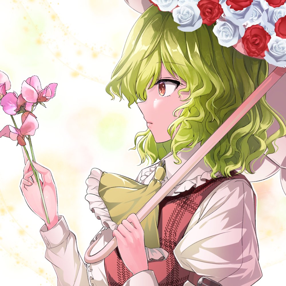1girl flower from_side green_hair holding holding_flower holding_umbrella jacket kazami_yuuka pink_flower plaid_clothes plaid_jacket red_eyes red_flower red_jacket shirt solo touhou umbrella umbrella_flower white_background white_flower white_shirt y2