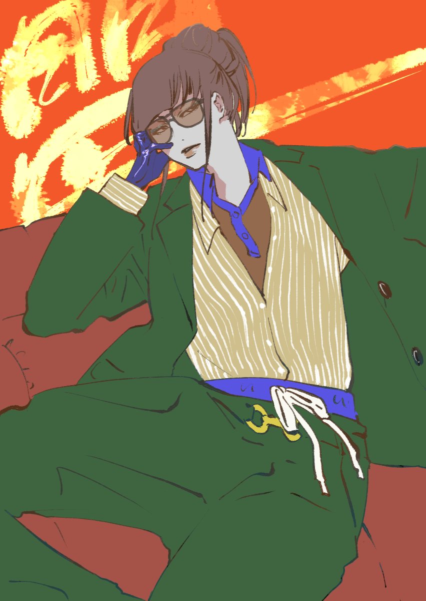 1girl alternate_costume bleach bleach:_sennen_kessen-hen brown_hair collared_shirt gloves hair_bun hand_on_own_face highres jacket kubo_tite open_clothes open_jacket pants shirt short_hair shutara_senjumaru sidelocks solo striped_clothes striped_shirt tinted_eyewear vertical-striped_clothes vertical-striped_shirt