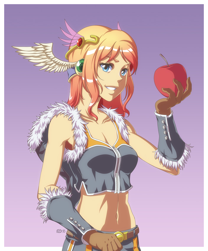 1girl apple blonde_hair blue_eyes border breasts brown_gloves circlet cleavage cokeboy commentary crop_top english_commentary food fruit fur-trimmed_gloves fur-trimmed_shirt fur_trim gloves grey_gloves grey_shirt grin holding holding_food holding_fruit long_hair looking_at_viewer medium_breasts midriff navel outside_border purple_background ragnarok_online shirt sleeveless sleeveless_shirt smile sniper_(ragnarok_online) solo two-tone_gloves two-tone_shirt upper_body white_border yellow_shirt