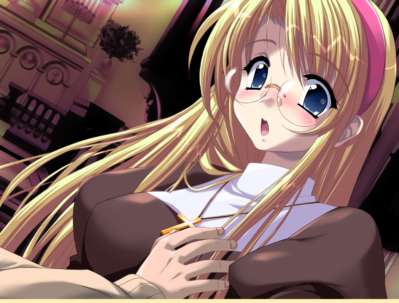 1girl blonde_hair blue_eyes cross downhill_night emily_(pure_dream) glasses long_hair nun top_(company) yano_maria
