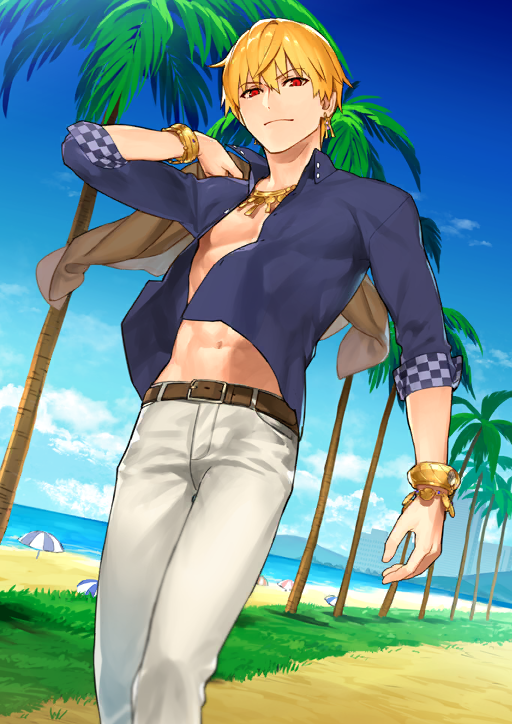 1boy bangle beach belt blonde_hair blue_shirt blue_sky bracelet brown_belt buttons carrying_over_shoulder closed_mouth cloud collared_shirt day dutch_angle earrings fate/grand_order fate_(series) feet_out_of_frame from_below gilgamesh gilgamesh_(caster)_(fate) gilgamesh_(establishment)_(fate) gilgamesh_(fate) ginka_sima gold_bracelet gold_earrings gold_necklace hair_between_eyes hand_up holding holding_unworn_clothes horizon jewelry looking_at_viewer male_focus navel necklace ocean official_art open_clothes open_shirt outdoors palm_tree pants red_eyes sand shirt sky smile solo sunlight third-party_source three-quarter_sleeves toned toned_male tree unbuttoned walking white_pants wing_collar
