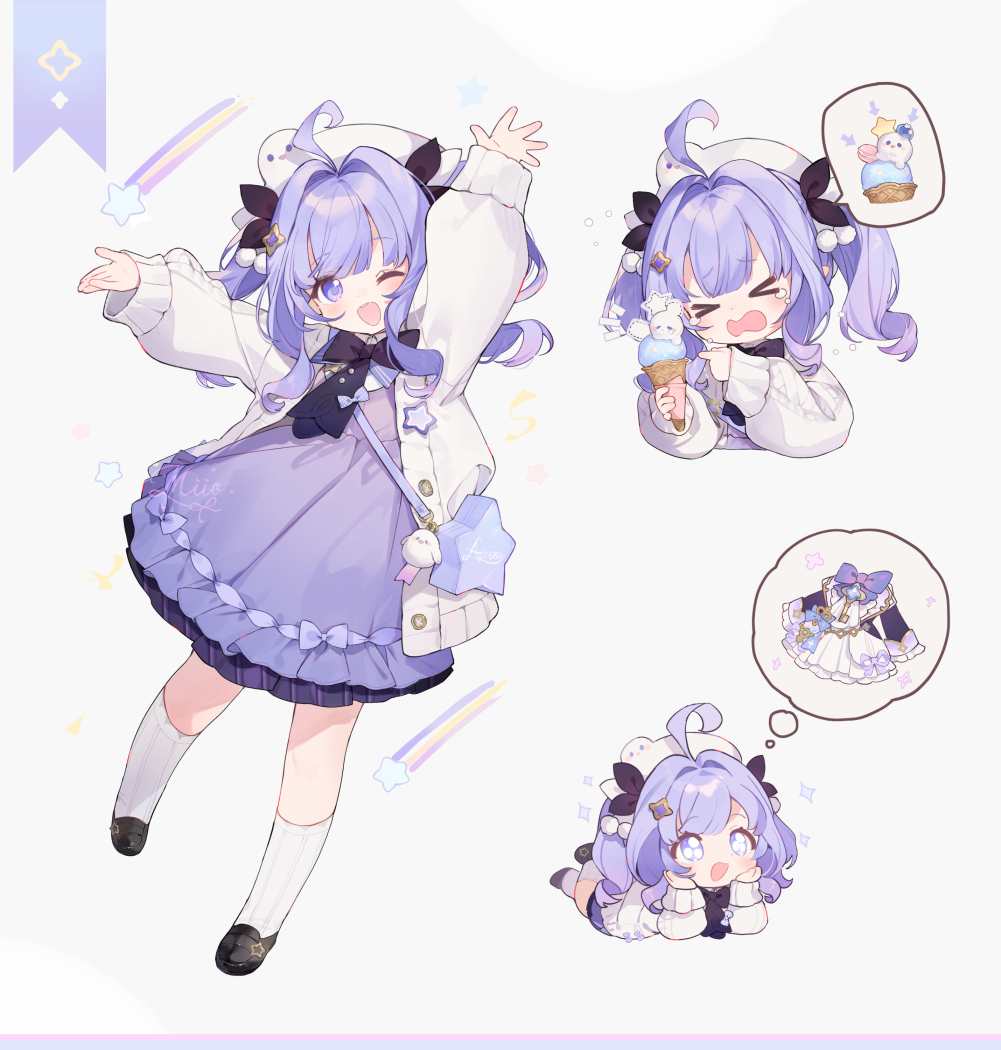 &gt;_&lt; 1girl ahoge animal_charm arin_(fanfan013) arms_up arrow_(symbol) bag belt belt_buckle beret bird black_belt black_bow black_bowtie black_footwear blazer bow bowtie buckle buttons chibi collared_shirt commentary commission cropped_torso crying dotted_line dress dress_bow eyelashes food frilled_dress frills full_body hair_intakes hands_on_own_cheeks hands_on_own_face happy hat hat_ornament holding holding_food holding_ice_cream holding_ice_cream_cone ice_cream ice_cream_cone jacket kneehighs long_hair looking_at_viewer lying macaron multiple_views on_stomach one_eye_closed open_clothes open_jacket open_mouth original penguin penguin_hat_ornament purple_bag purple_bow purple_dress purple_eyes purple_hair purple_jacket shirt shoe_belt shoes shooting_star_(symbol) short_twintails shoulder_bag simple_background smile socks sparkle sparkling_eyes speech_bubble spoken_food spoken_object star-shaped_bag star-shaped_buckle striped_clothes striped_socks sweater_jacket teardrop thought_bubble twintails unworn_dress unworn_jacket vertical-striped_clothes vertical-striped_socks wavy_hair wavy_mouth white_background white_dress white_jacket white_shirt white_socks