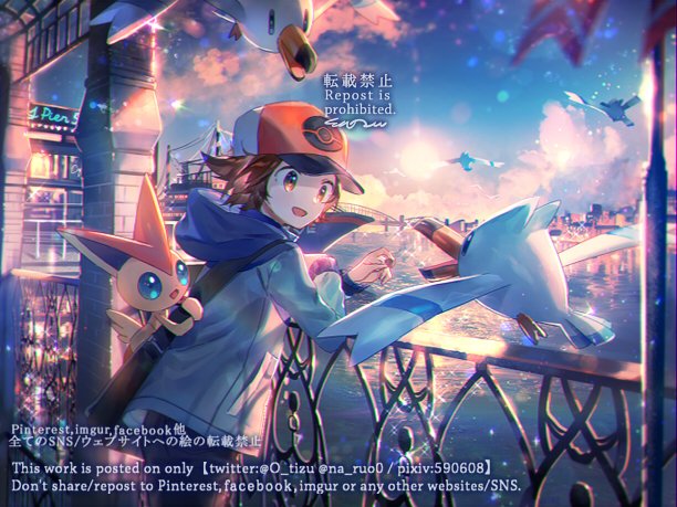 1boy bag baseball_cap black_bag blue_hoodie brown_eyes brown_hair cloud commentary_request fence gen_3_pokemon gen_5_pokemon hat hilbert_(pokemon) holding hood hoodie legendary_pokemon long_sleeves male_focus mythical_pokemon naru_(andante) nintendo open_mouth outdoors pokemon pokemon_(creature) pokemon_bw shoulder_bag sky smile victini watermark wingull